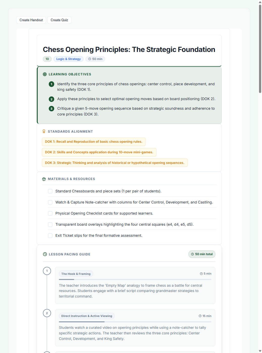 Chess Opening Principles lesson — top view with Learning Objectives, Standards Alignment (DOK 1/2/3), Materials & Resources, and the Lesson Pacing Guide